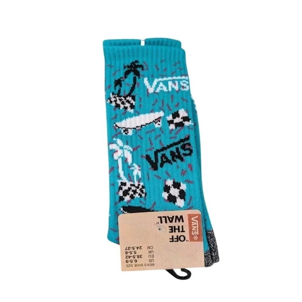 Vans Crew Socks Mens Womens 6.5-9 Teal Blue Palm Trees Skateboard Logo Athletic